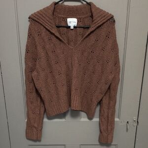 Pink Rose Brown V-Neck Collared Knit Sweater